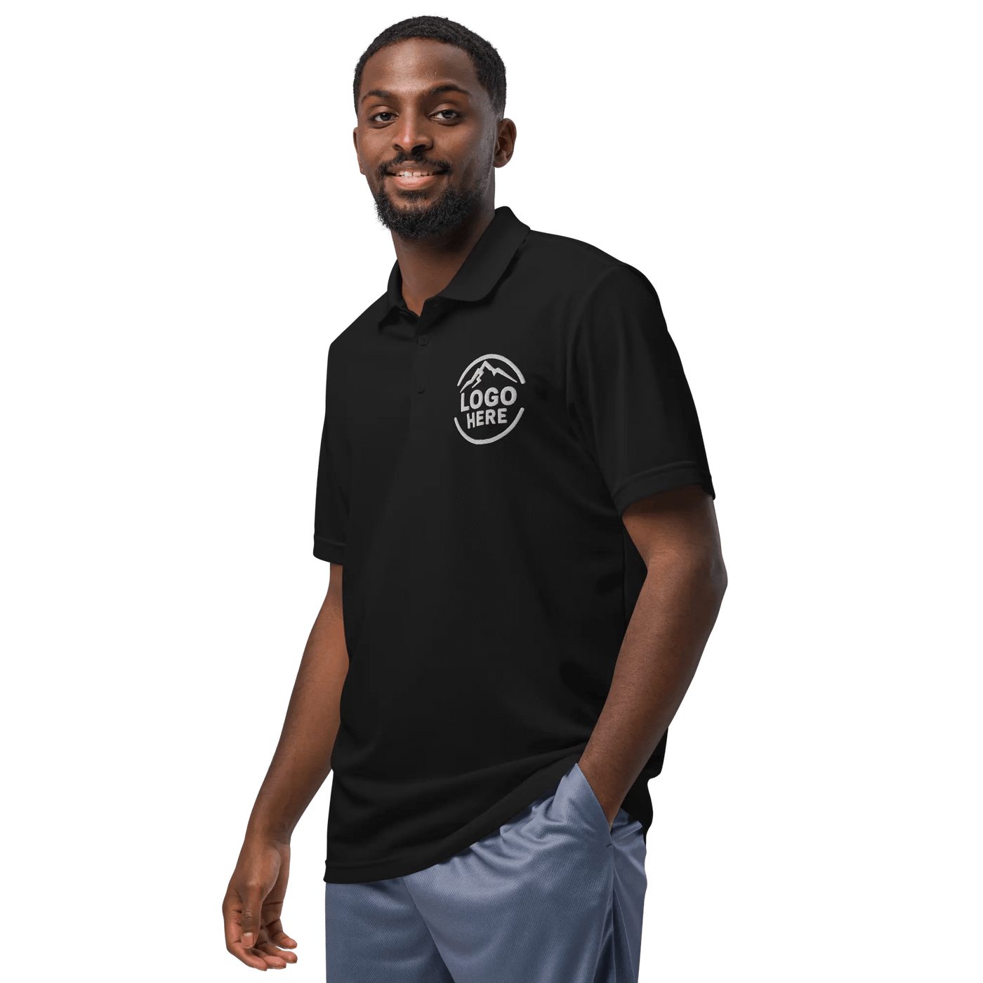 Black adidas polo with an embroidered left chest logo by Arklavo