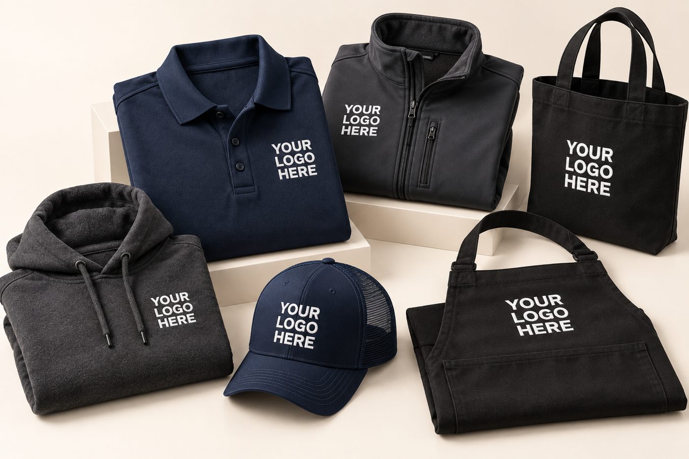 Navy polo and cap, charcoal jacket and hoodie, black apron and tote with logo placement by Arklavo