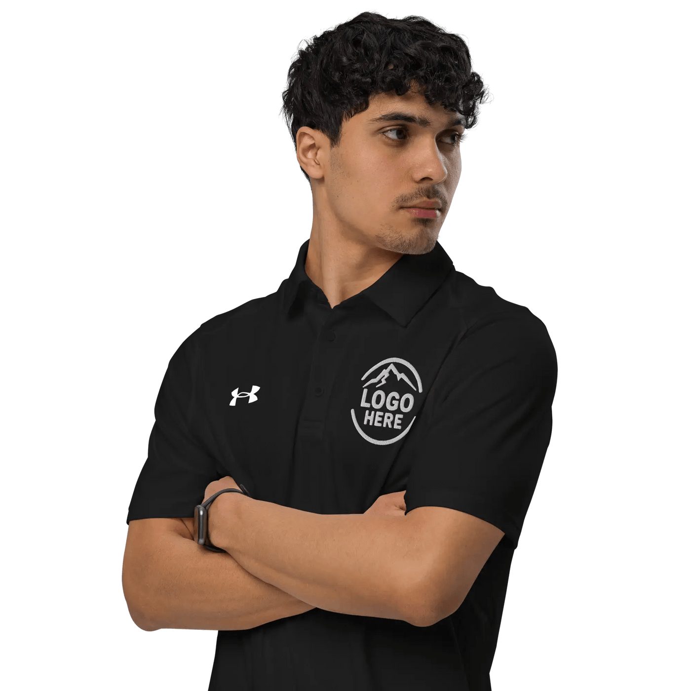 Black Under Armour moisture wicking polo with an embroidered chest logo by Arklavo