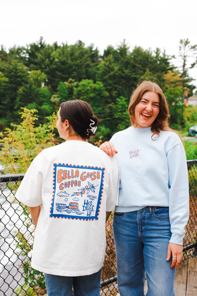 Bella Goose Coffee screen printed tee and embroidered crewneck by Cowdog Print Co.