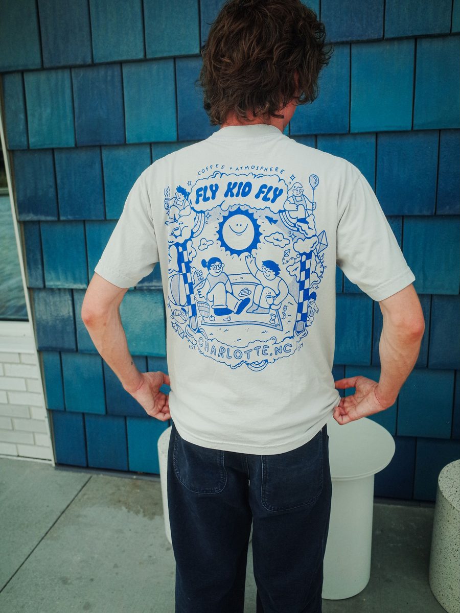 Fly Kid Fly coffee shop one-color screen printed tee by Cowdog Print Co.