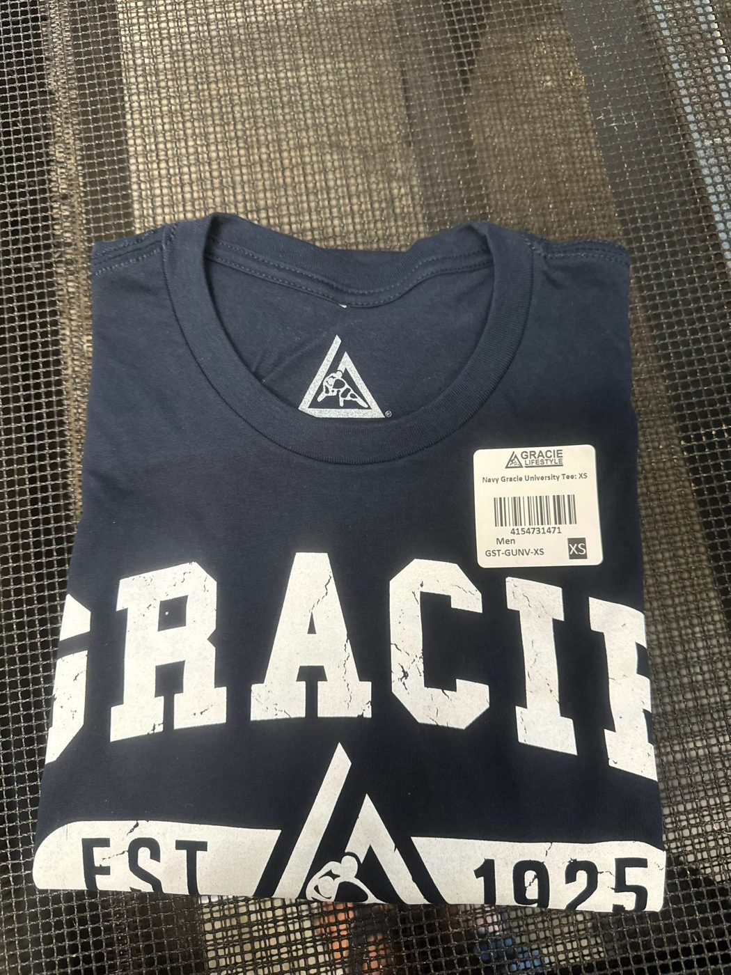 Navy screen printed Gracie tee with printed hang tag and size sticker by Ray's Print